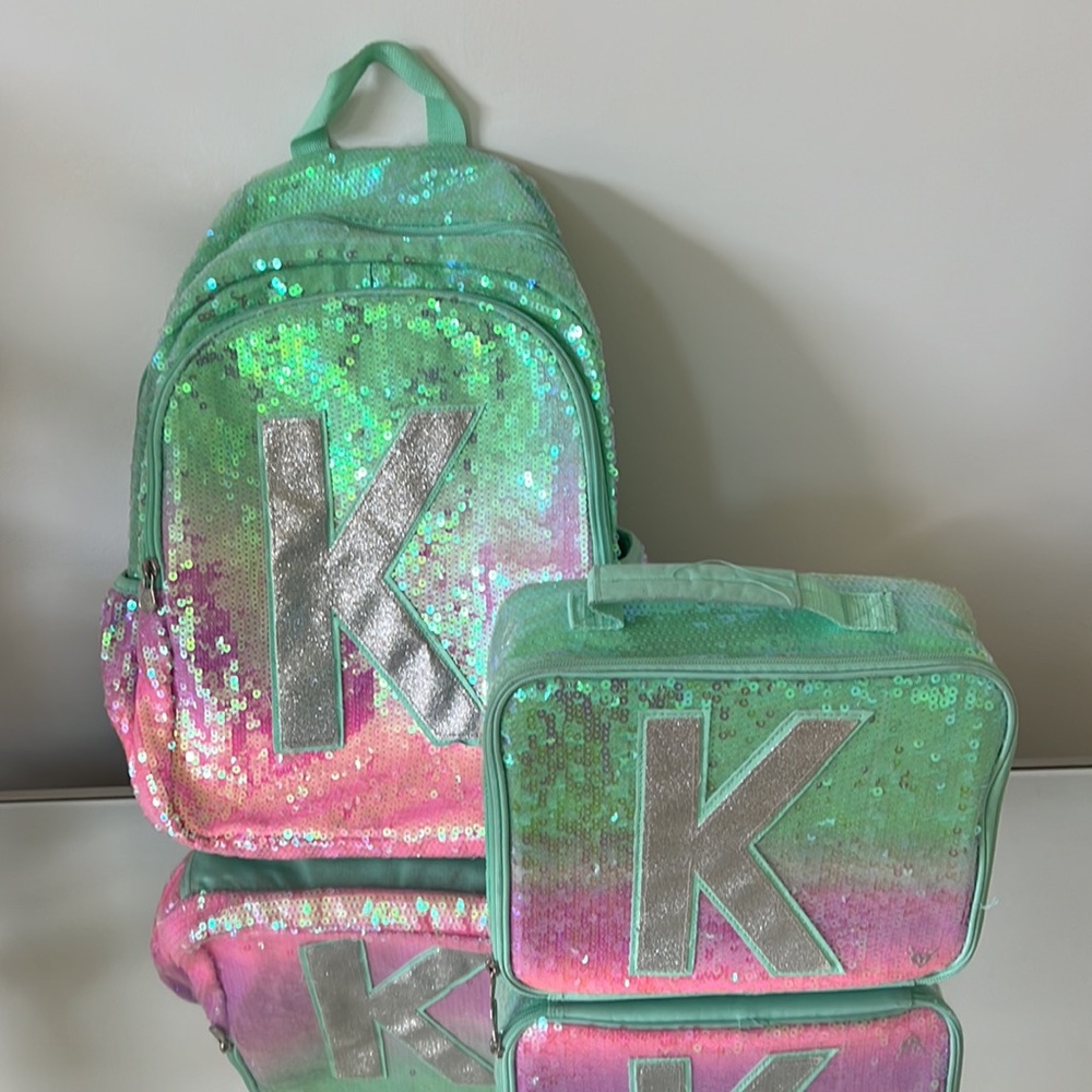 Gorgeous girls Justice iridescent ombré initial “K” Backpack & Lunch box!